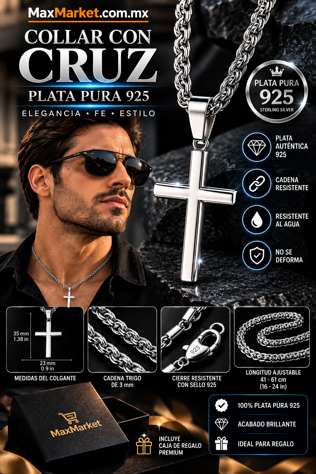 ✝️💎 Collar con Cruz de Plata Pura 925 Garantizada 50.8 cm | Hombre y Mujer | Max Market