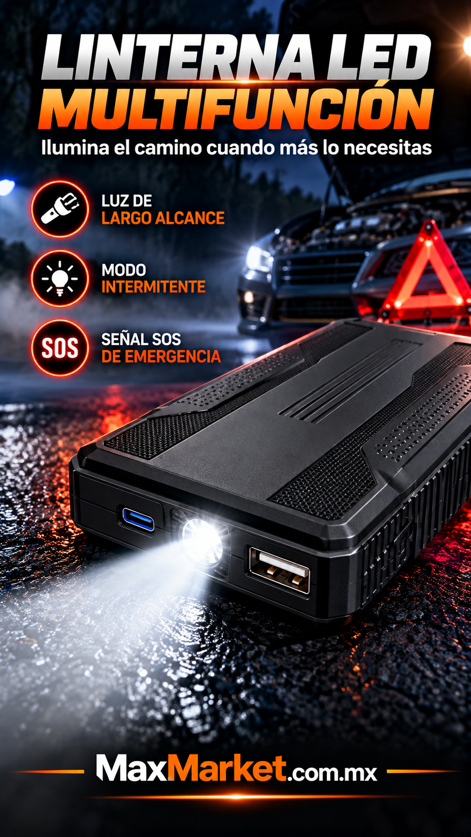 🚗⚡ Arrancador de Batería Portátil 12V con Linterna LED | Max Market