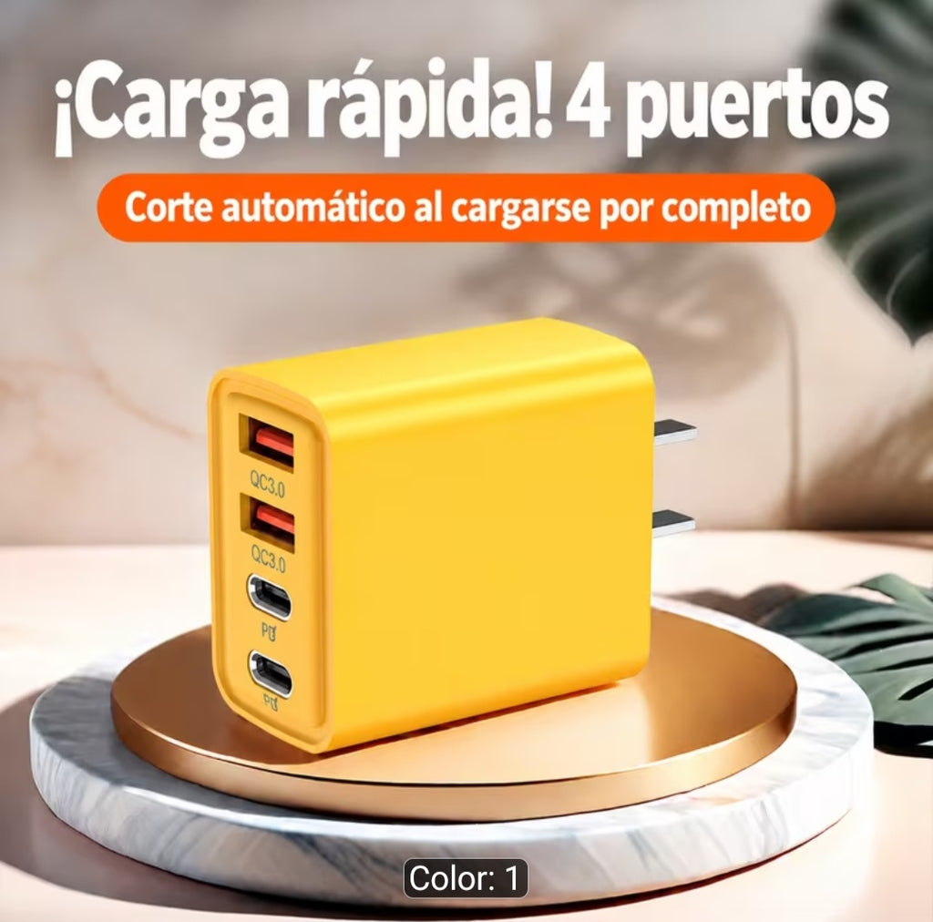 🔌 Cargador de Pared de 4 Puertos USB-A y USB-C – Carga Rápida Amarillo