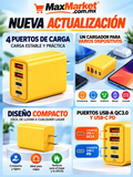🔌 Cargador de Pared de 4 Puertos USB-A y USB-C – Carga Rápida Amarillo