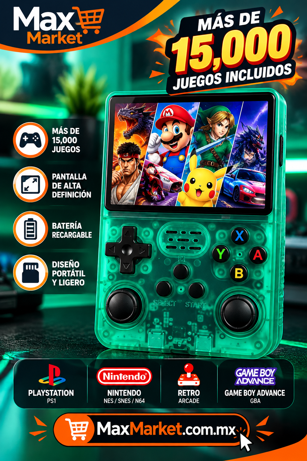 🎮🔥 ¡Consola Portátil Retro R36S Verde! 🕹️✨ Diversión en Todas Partes | Max Market