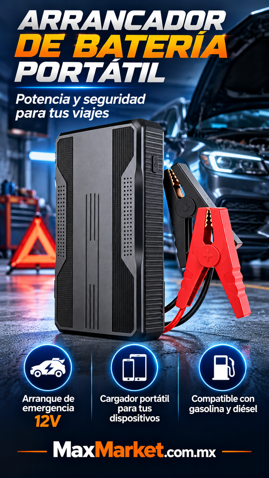 🚗⚡ Arrancador de Batería Portátil 12V con Linterna LED | Max Market