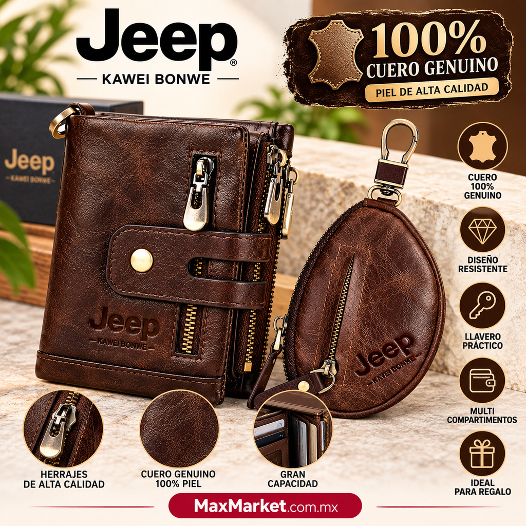 👔💼 Set para Hombre: Cartera y Llavero Marca JEEP de Piel Genuina 100% | Max Market