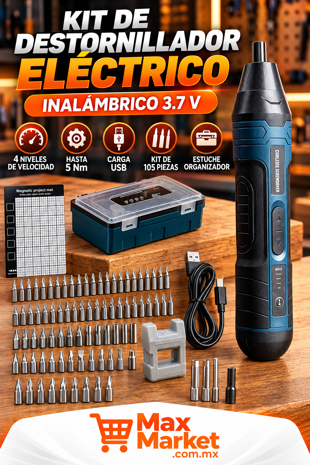 🔧 Destornillador Eléctrico Inalámbrico 3.7V con Kit de 105 Piezas