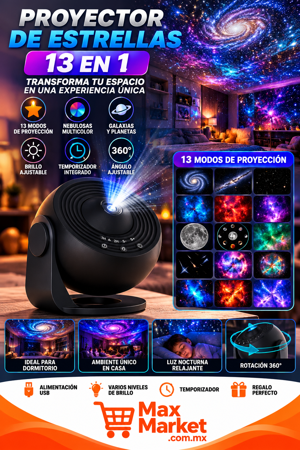 🌌 Proyector de Galaxias 13 en 1 con Luz Nocturna LED