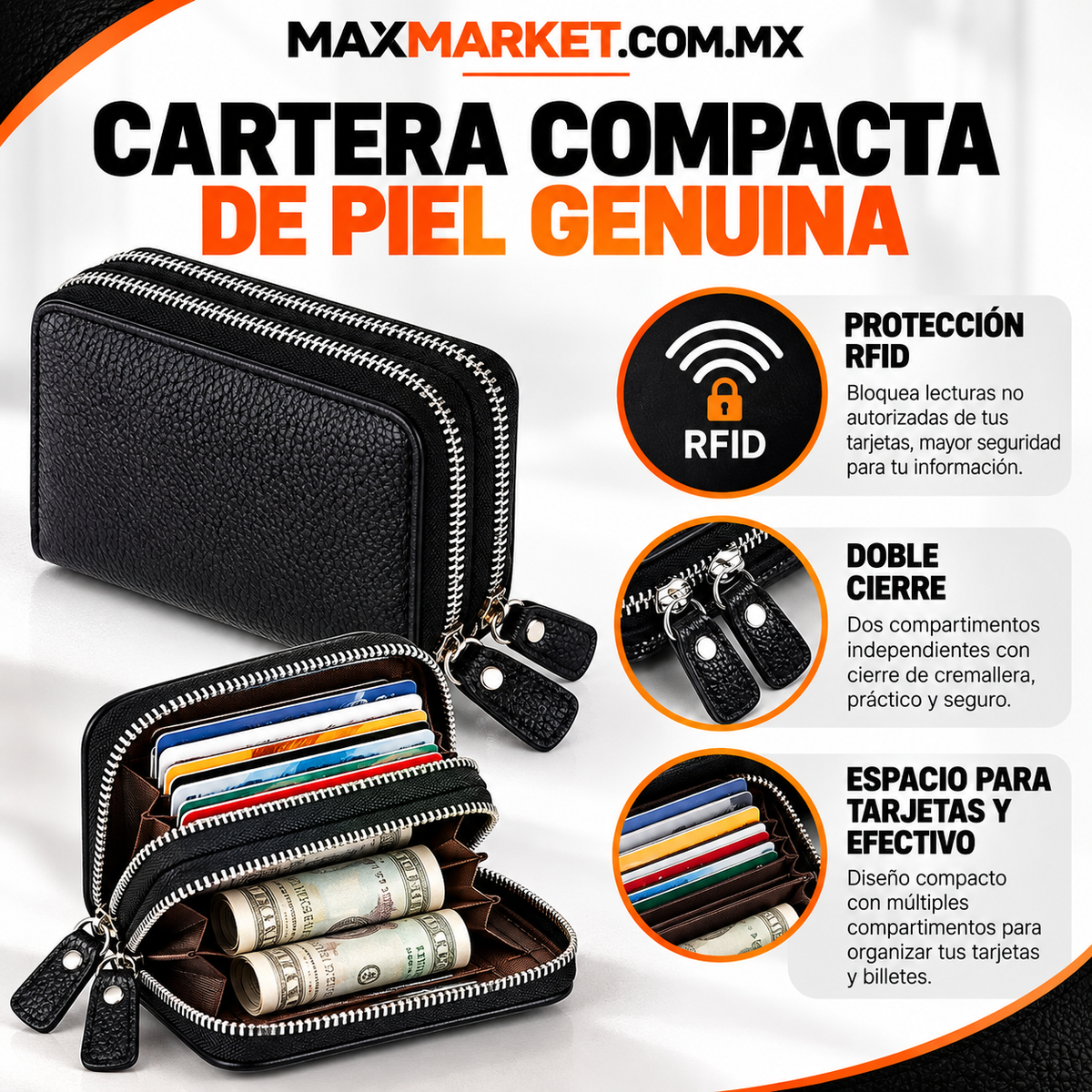 👜✨ 100% Genuine Leather Compact Wallet with Double Zipper | Elegant Design for Cards and Cash