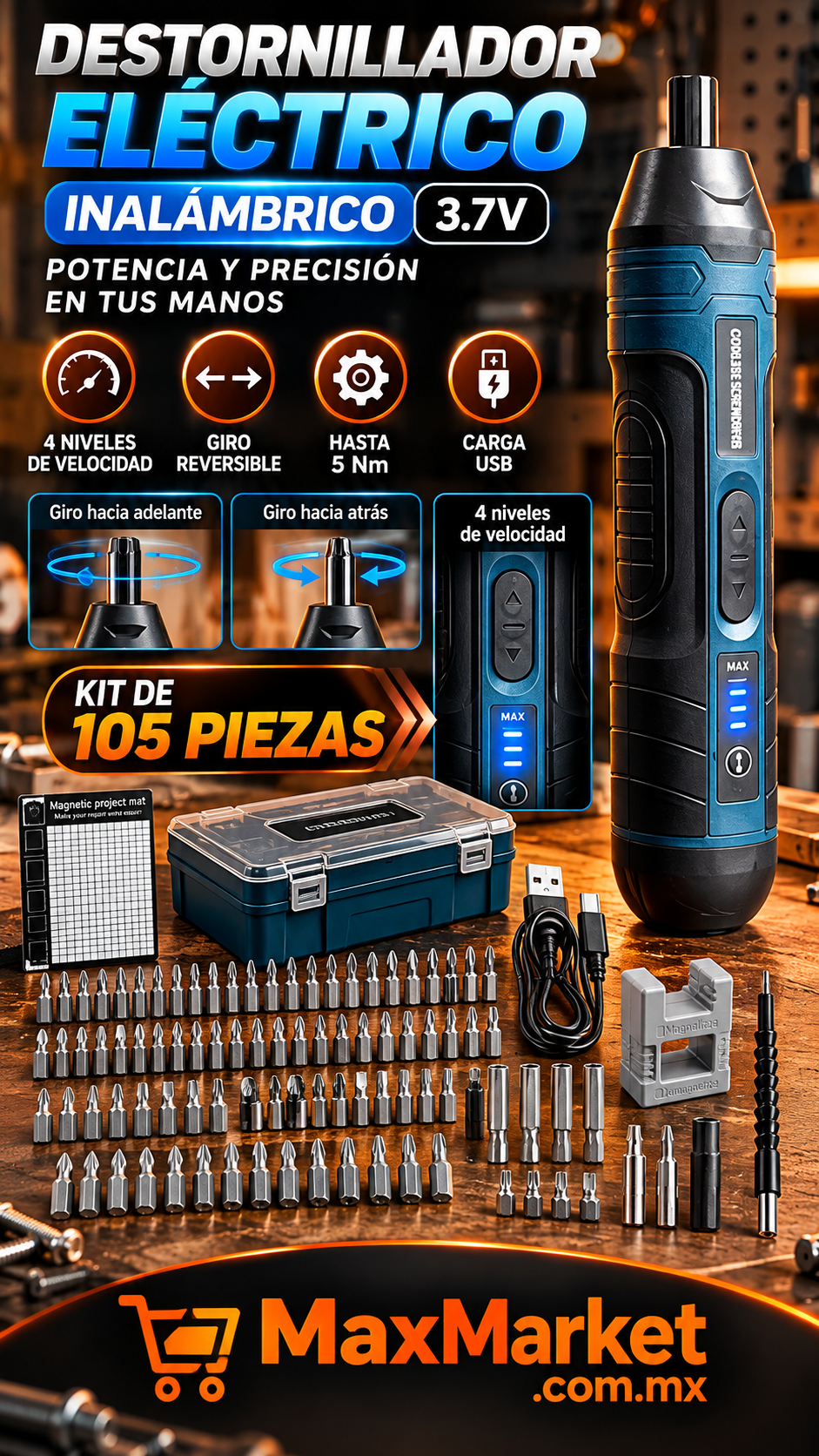 🔧 Destornillador Eléctrico Inalámbrico 3.7V con Kit de 105 Piezas