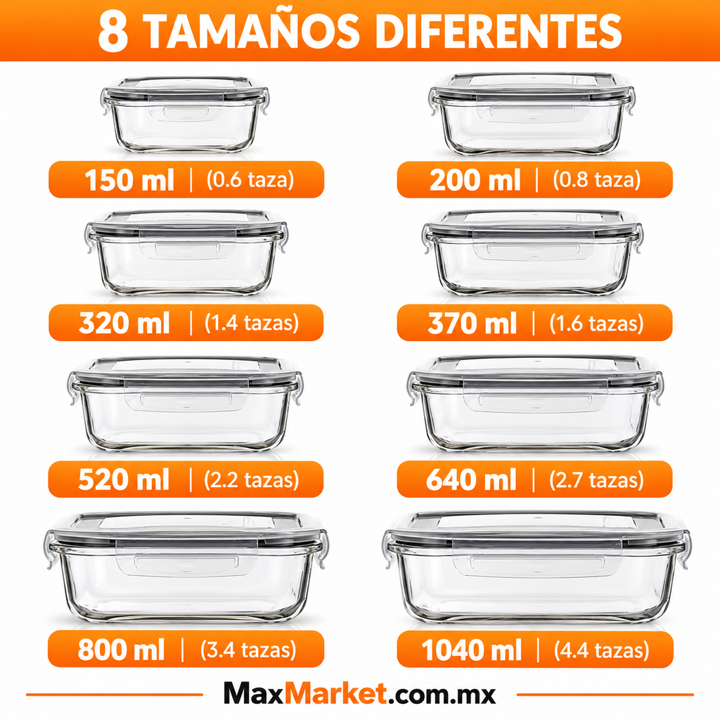 🍱 Set de 8 Recipientes de Vidrio con Tapa | Herméticos para Alimentos