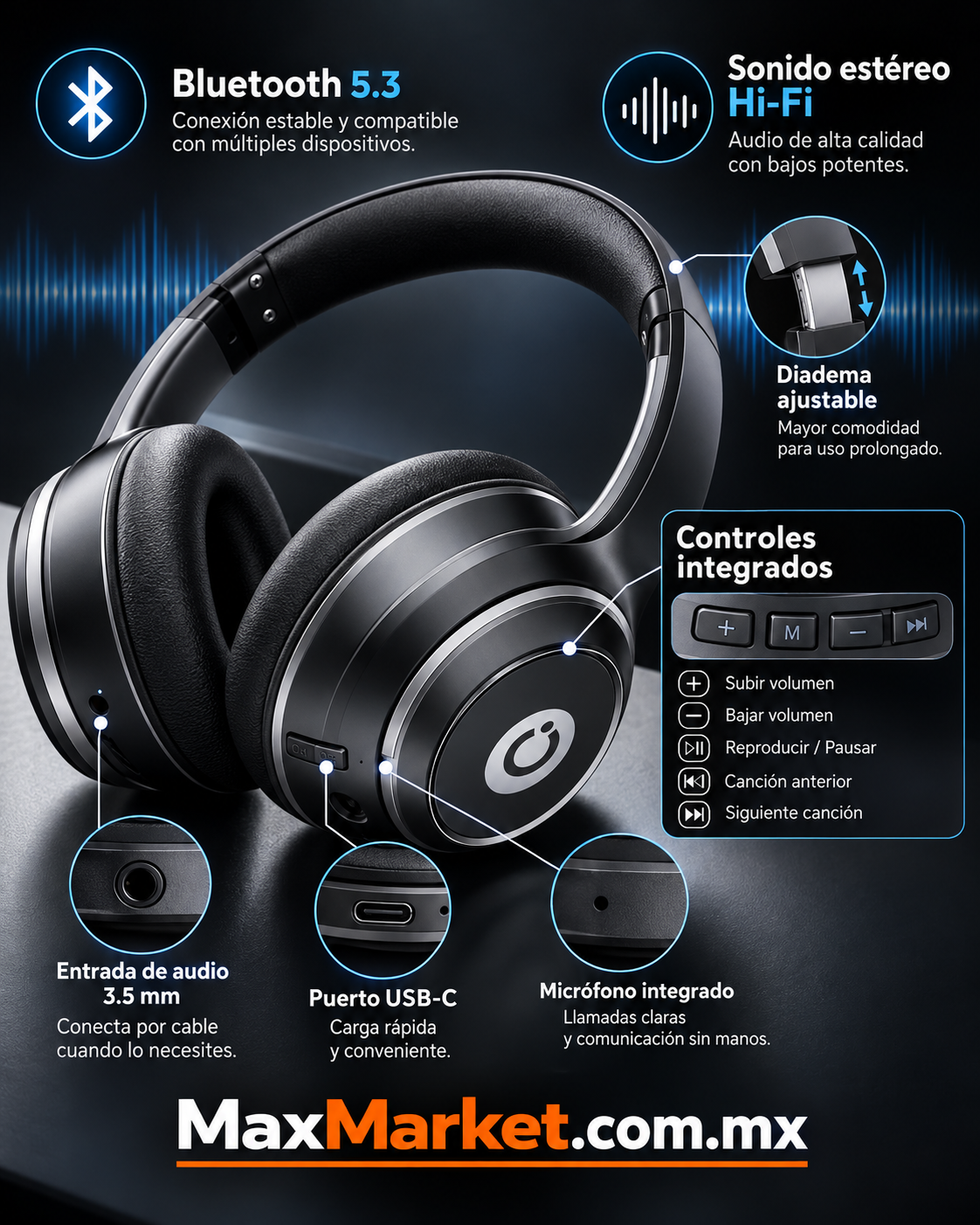🎧🔥 Audífonos Inalámbricos Bluetooth 5.3 Over-Ear | Sonido Estéreo