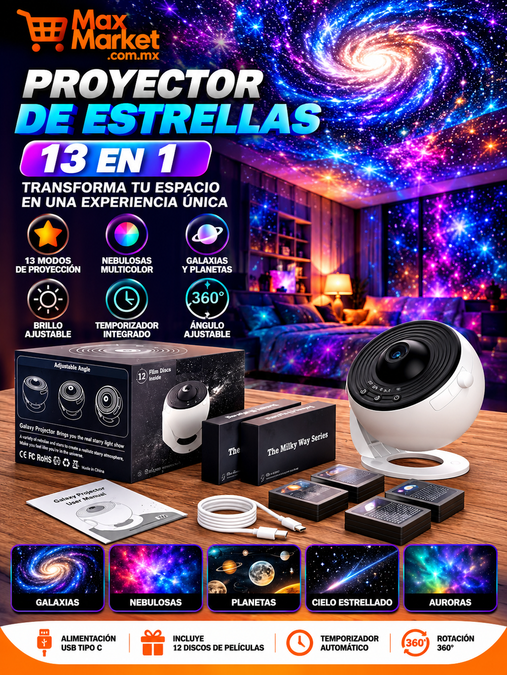 🌌 Proyector de Galaxias 13 en 1 con Luz Nocturna LED