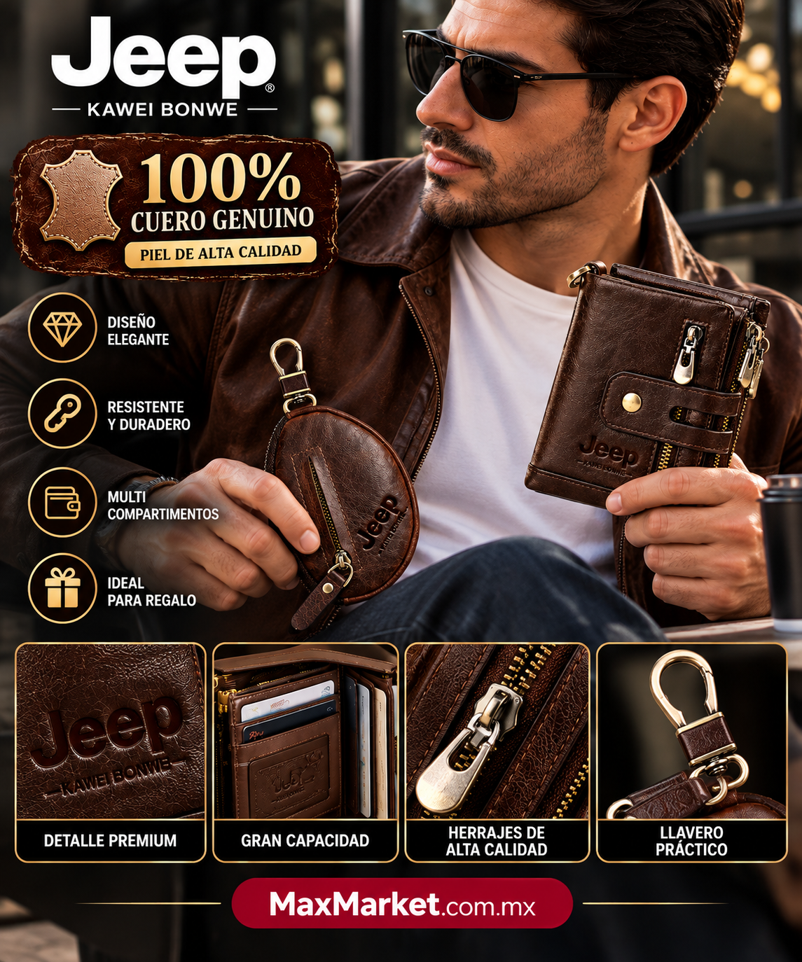 👔💼 Set para Hombre: Cartera y Llavero Marca JEEP de Piel Genuina 100% | Max Market