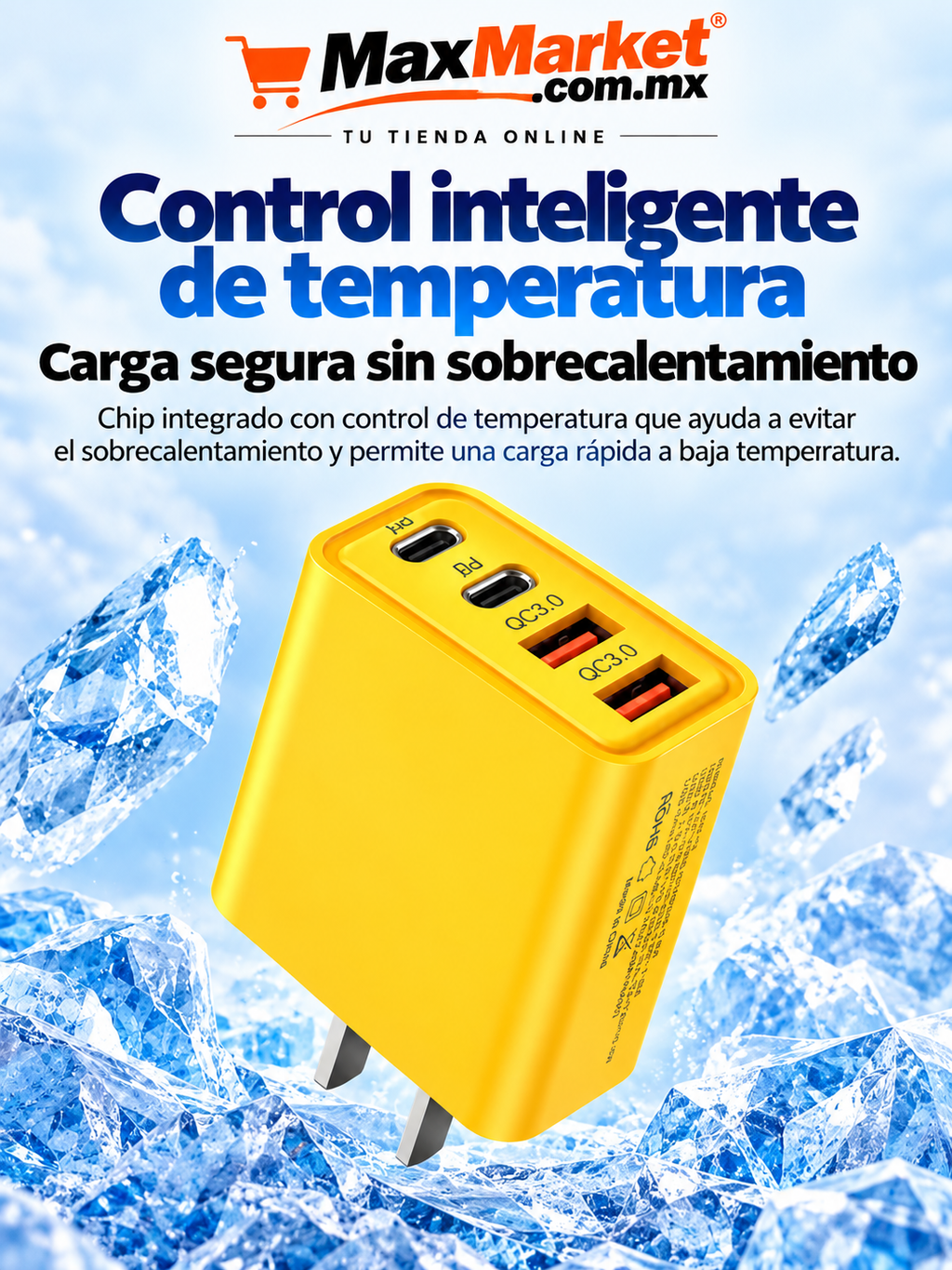 🔌 Cargador de Pared de 4 Puertos USB-A y USB-C – Carga Rápida Amarillo
